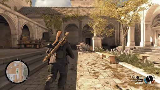 Sniper Elite 4 Xbox One gameplay showing the player character running through a sunlit courtyard of a historic Italian building. Get your Xbox One code instantly at RushGame.co