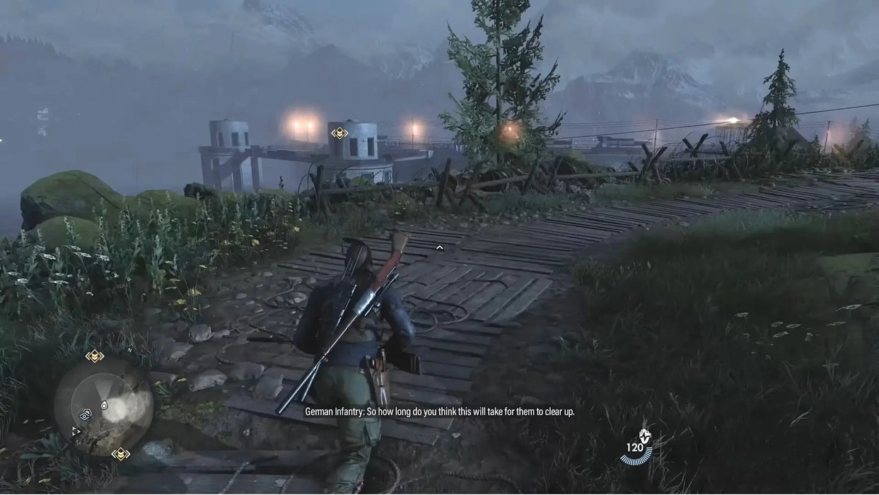 Sniper Elite 5 Complete Edition Xbox One gameplay as the player sneaks along a rocky path during a night mission. Purchase your Complete Edition Xbox key at RushGame.co