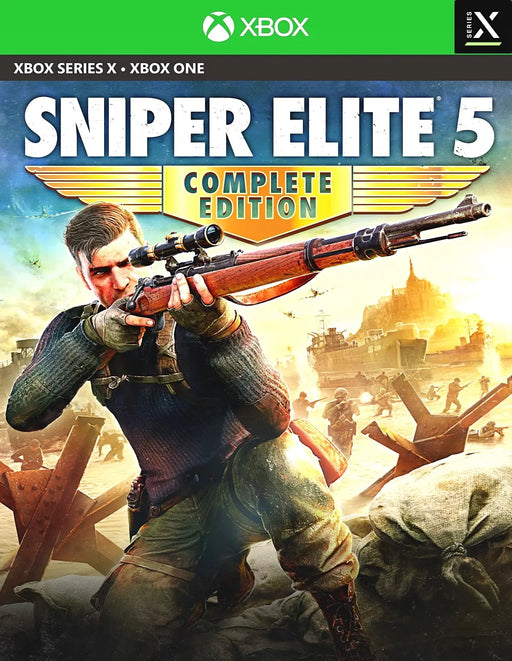 Sniper Elite 5 Complete Edition Xbox One cover featuring the main character aiming with a sniper rifle in a battle scene. Buy your Xbox digital key at RushGame.co