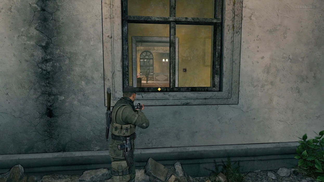 Sniper Elite V2 Remastered Steam gameplay image, with the player lining up a shot from a high vantage point, demonstrating the precision and intensity available when you buy the digital game code from RushGame.co