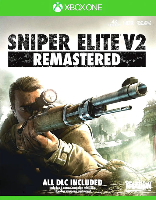 Sniper Elite V2 Remastered XBOX One digital cover art showcasing a sniper aiming through his scope in war-torn city ruins, highlighting the game's intense WWII action. Get your Sniper Elite V2 Remastered Xbox One key instantly at RushGame.co and experience all DLC missions included!