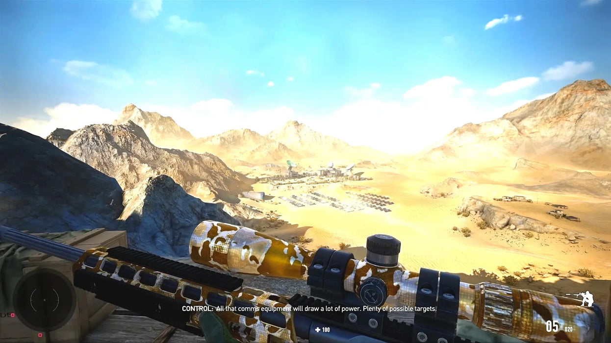First-person sniping screenshot from Sniper Ghost Warrior Contracts 2 Deluxe Arsenal Edition Steam Key, showing a camouflaged sniper rifle overlooking a vast desert landscape and a military base. Purchase your Steam key for exclusive DLC weapons at RushGame.co
