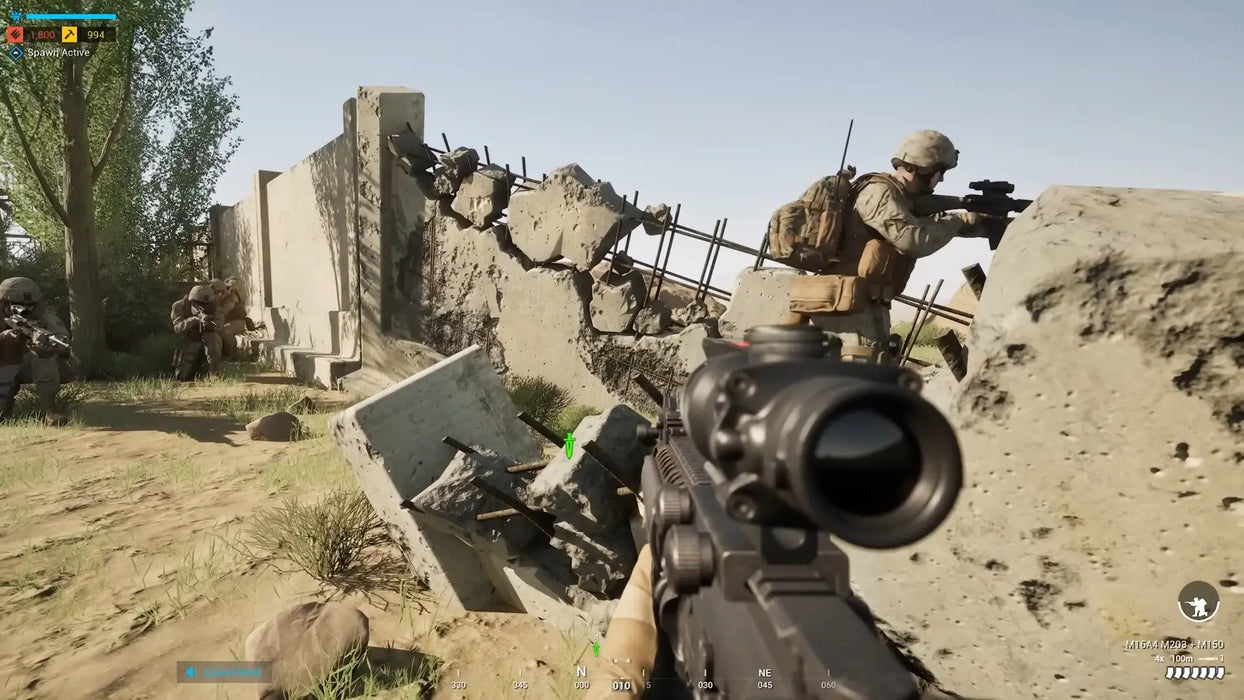 In-game screenshot from Squad, showing soldiers taking cover behind ruins during an intense firefight – buy Squad Steam Key at RushGame.co for authentic tactical action