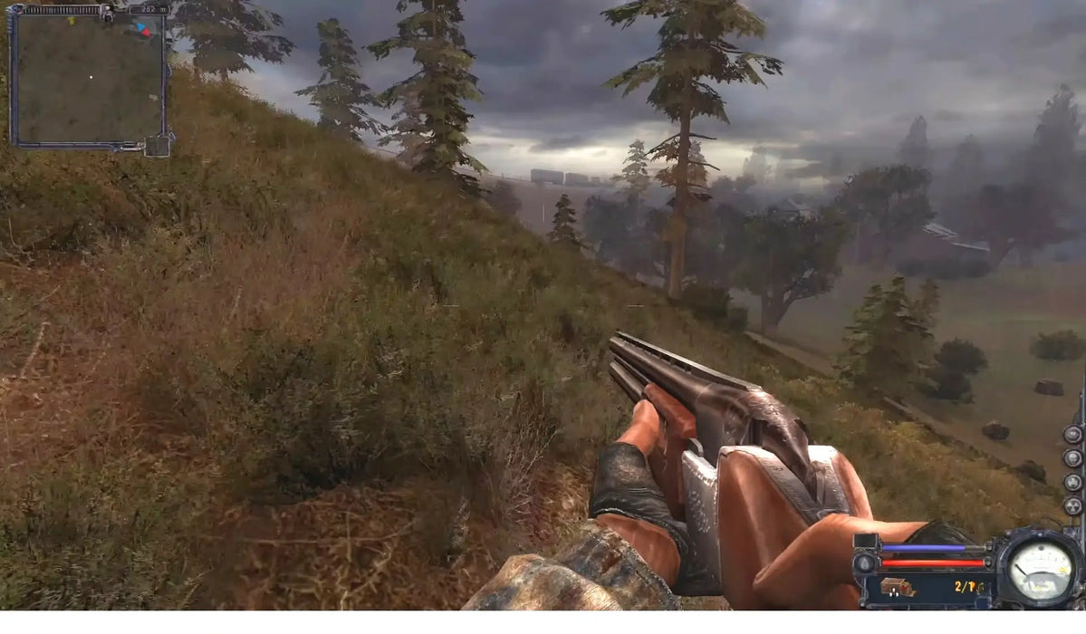 Atmospheric screenshot of S.T.A.L.K.E.R.: Clear Sky on Steam, where the player navigates an eerie, rain-soaked environment surrounded by danger. Purchase your Steam CD Key for STALKER Clear Sky at RushGame.co and step into the legendary survival FPS series today.