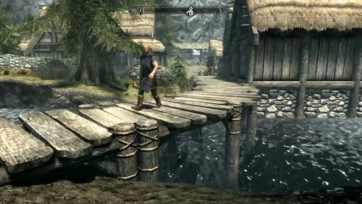 Riverwood village scene from Skyrim Anniversary Edition Steam Key, showcasing the detailed environments players can explore, available at RushGame.co