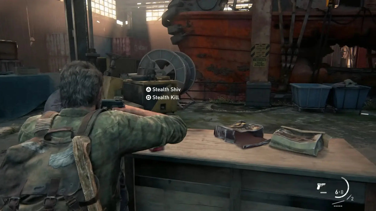 The Last of Us Part I gameplay – stealth scene – Joel sneaks behind an enemy in an abandoned warehouse with options for a stealth kill or shiv takedown, highlighting intense survival mechanics in The Last of Us Part I Steam Key. Buy now at RushGame.co