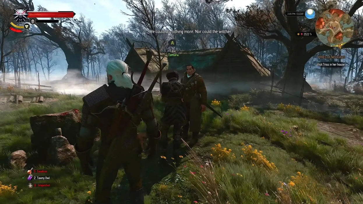 Geralt talks to NPCs in a misty countryside village in The Witcher 3: Wild Hunt, highlighting immersive RPG dialogue. Secure your Xbox One CD Key EU from RushGame.co and shape your destiny in this award-winning RPG