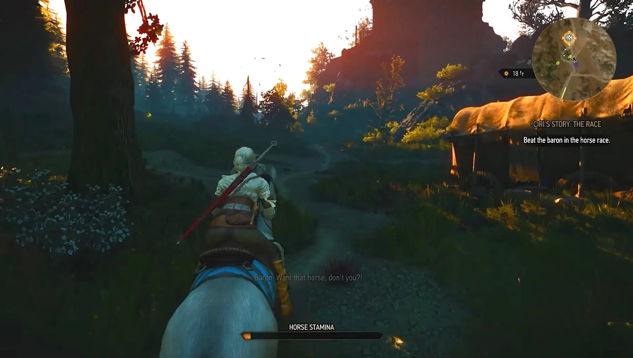 Ciri races through a forest on horseback at sunset in The Witcher 3: Wild Hunt, showcasing intense story-driven gameplay. Get your Xbox One Key EU today at RushGame.co and join the adventure of a lifetime