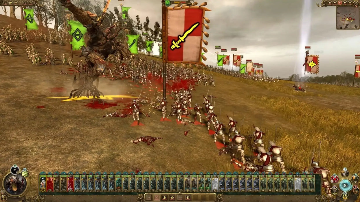 Massive battlefield clash in Total War: Warhammer Trilogy Steam Key, with infantry and a towering monster fighting in a real-time strategy war. Buy the game today at RushGame.co for instant code delivery