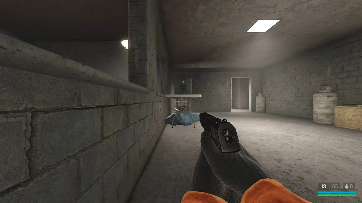 First-person view aiming at an enemy inside a dimly lit industrial building in Trepang2. Experience fast-paced action with Trepang2 Steam Key from RushGame.co