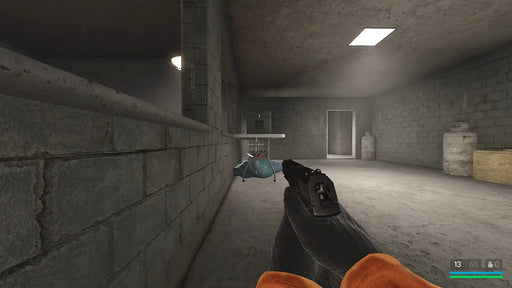 First-person view aiming at an enemy inside a dimly lit industrial building in Trepang2. Experience fast-paced action with Trepang2 Steam Key from RushGame.co