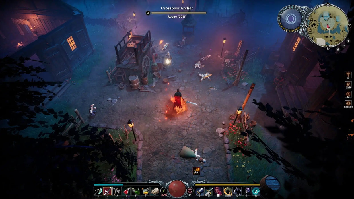 V Rising gameplay screenshot – combat scene – Player battling enemies in a dark village at night in V Rising. Secure your V Rising Steam Key with instant access at RushGame.co