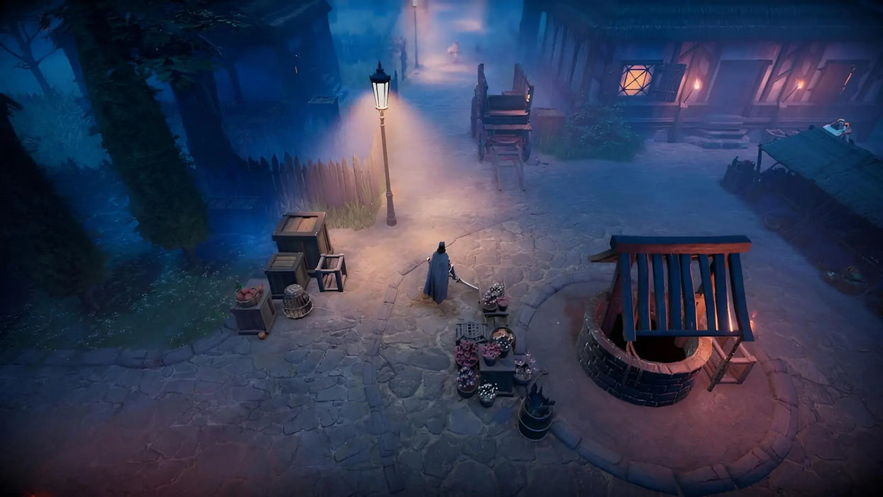 A vampire character exploring a misty medieval village under lamplight in V Rising. Buy your V Rising Steam Key today at RushGame.co for instant digital delivery