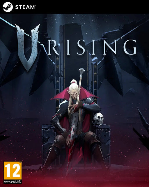 game cover for V Rising on Steam, featuring a vampire lord on a throne with a dark gothic backdrop. Get your V Rising Steam CD Key instantly at RushGame.co.