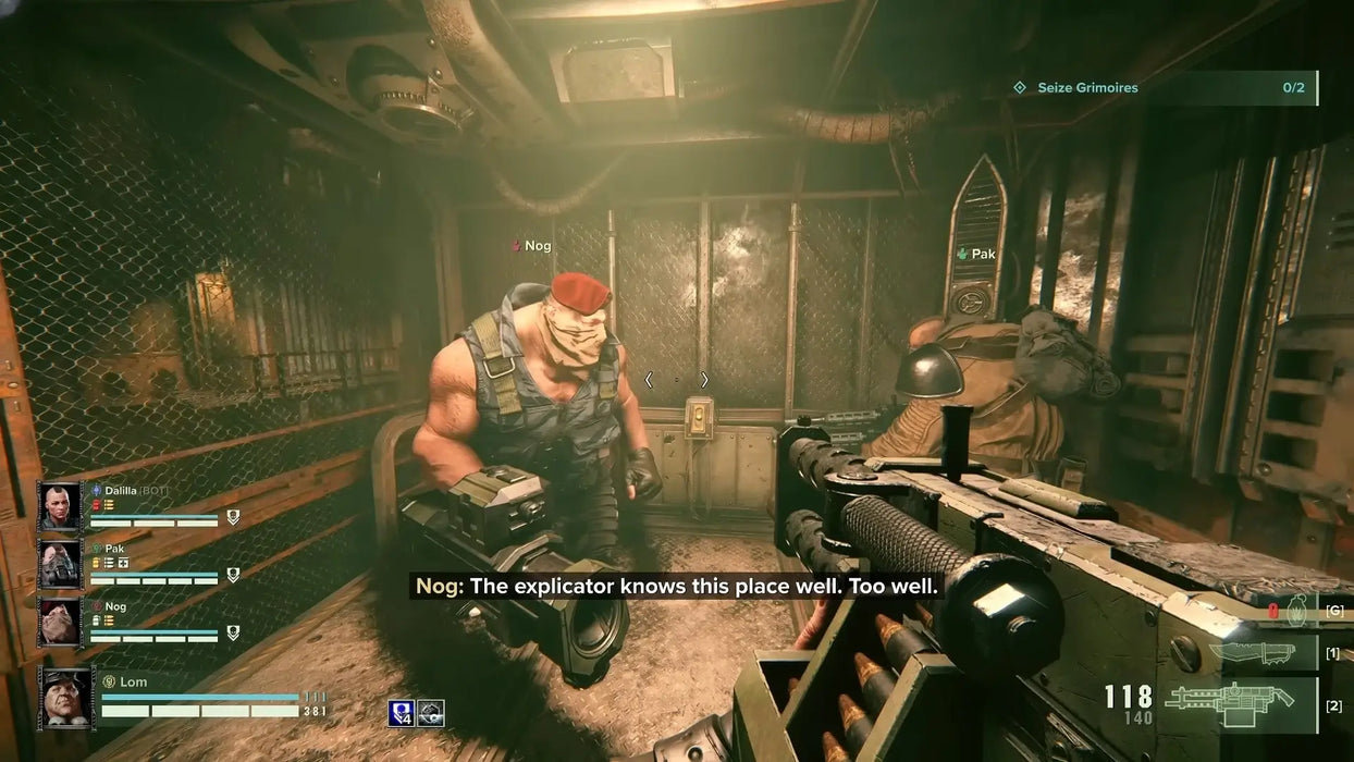 First-person view inside Warhammer 40,000: Darktide as the squad prepares for a mission in a dark industrial setting. Get your Darktide Steam Key today at RushGame.co