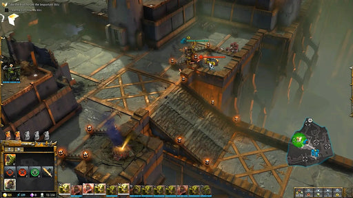 Warhammer 40,000 Dawn of War 3 gameplay – tactical battle: Ork units engaging enemy defenses on a multi-level fortress map in Warhammer 40,000 Dawn of War 3, available on Steam via RushGame.co