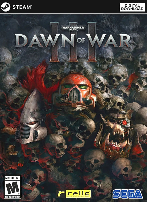 Warhammer 40,000 Dawn of War 3 cover art: Cover art for Warhammer 40,000 Dawn of War 3 Steam key, featuring iconic Warhammer helmets on a background of skulls, offered at RushGame.co