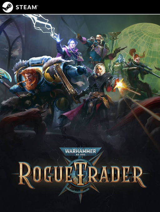 Cover art for Warhammer 40,000: Rogue Trader Steam Key featuring the main characters in an epic pose. Get it instantly at RushGame.co and join the Imperium