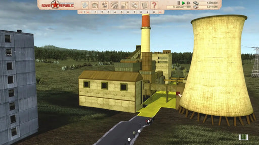 Screenshot from Workers and Resources: Soviet Republic showing a Soviet-era power plant with workers approaching, highlighting the city-building and resource management mechanics. Get your Steam Key instantly at RushGame.co