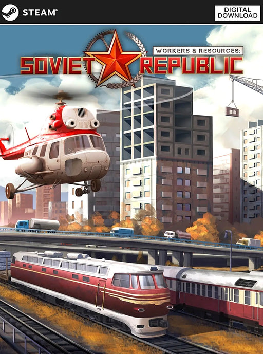 Cover art for Workers and Resources: Soviet Republic Steam Key, featuring Soviet-era helicopters, trains, and construction cranes, symbolizing industrial growth and economic management. Available at RushGame.co for instant digital delivery